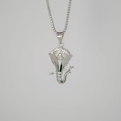 Sterling Silver  Ganesha Flute Pendant (White CZ Gemstones, Rhodium plating, Pendant only, without chain)