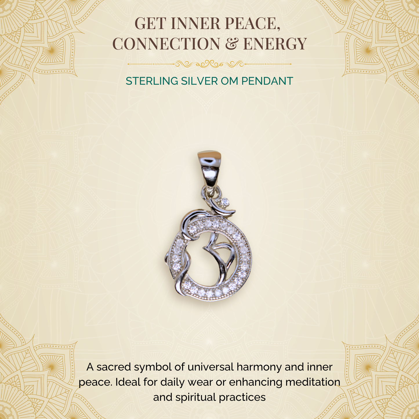 Sterling Silver Om Pendant  (White Cz Gemstones, Rhodium plating, Pendant only, without chain)