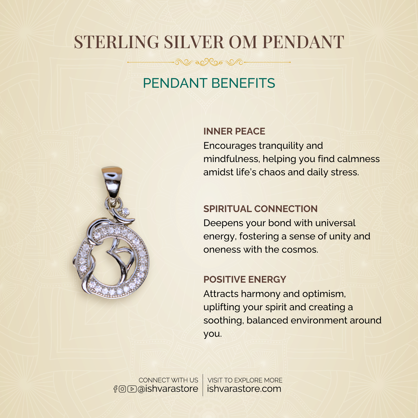 Sterling Silver Om Pendant  (White Cz Gemstones, Rhodium plating, Pendant only, without chain)