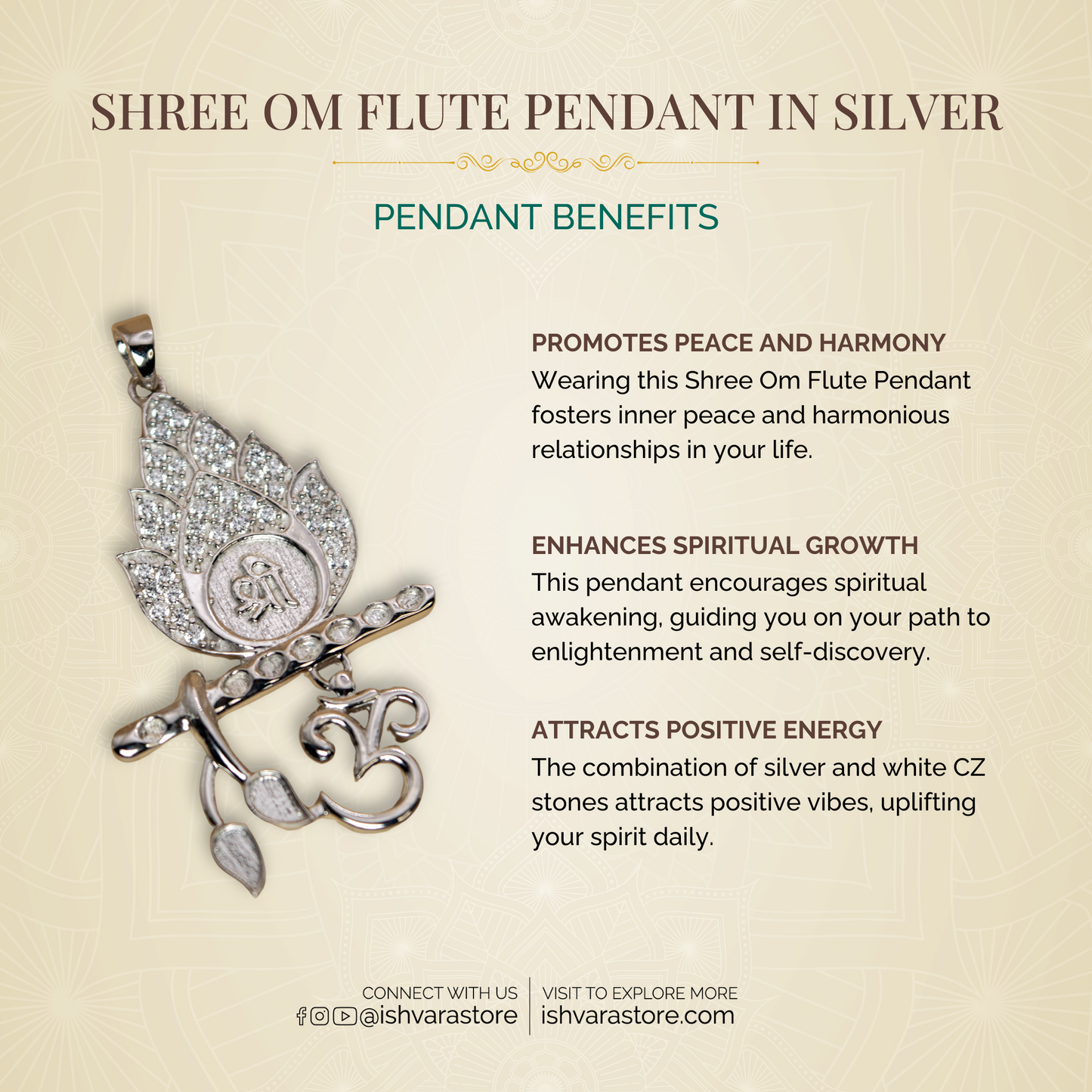 Shree Om Flute Pendant in Silver (White CZ Gemstones, Rhodium plating, Pendant only, without chain)