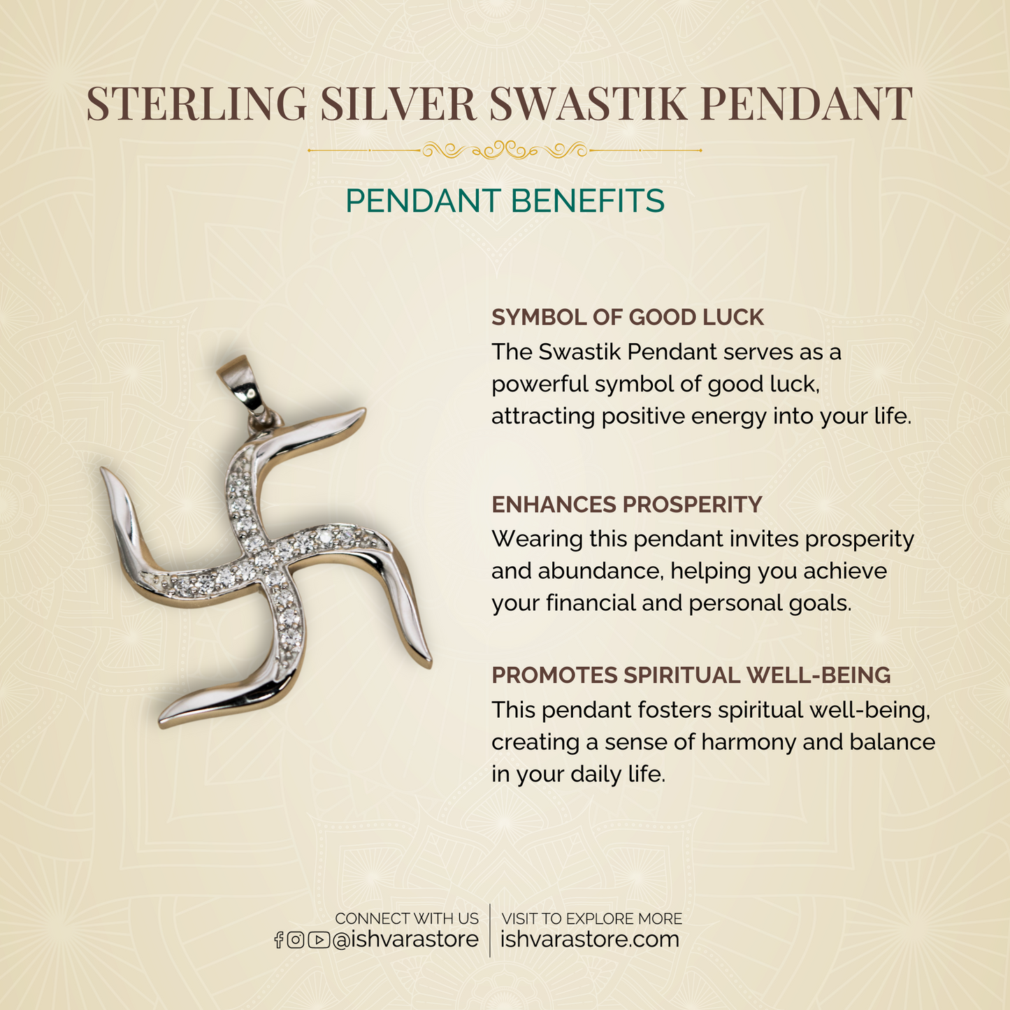 Sterling Silver Swastik Pendant (White Cz Gemstones, Rhodium Plating, Pendant only, without Chain)