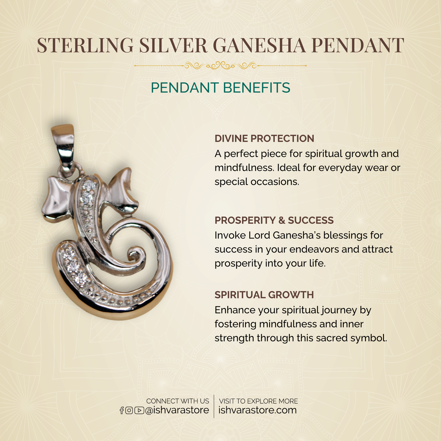 Sterling Silver Ganesha Pendant (White Cz Gemstones, Rhodium plating, Pendant only, without chain)