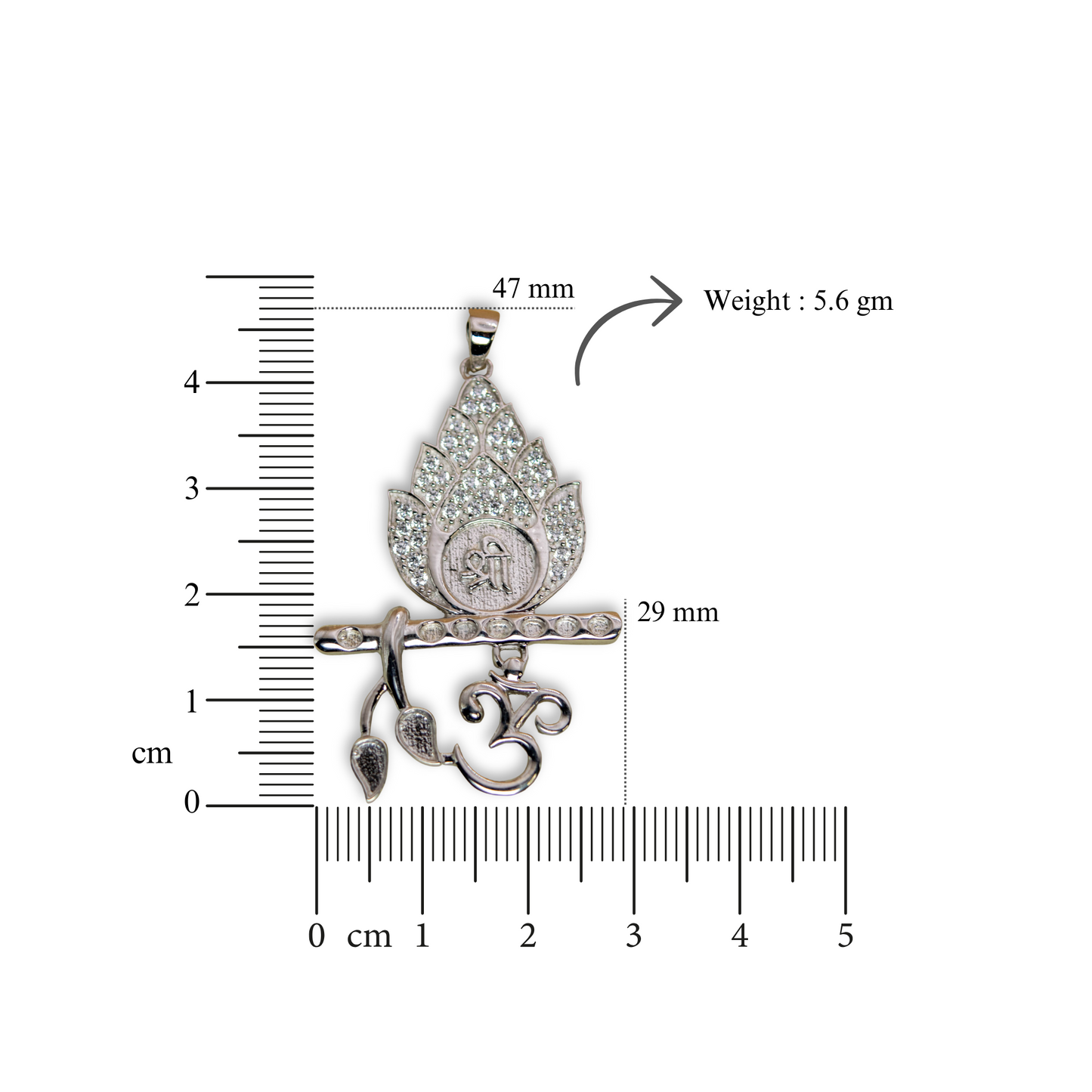 Shree Om Flute Pendant in Silver (White CZ Gemstones, Rhodium plating, Pendant only, without chain)