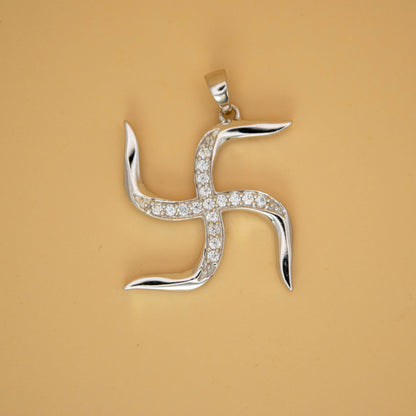 Sterling Silver Swastik Pendant (White Cz Gemstones, Rhodium Plating, Pendant only, without Chain)