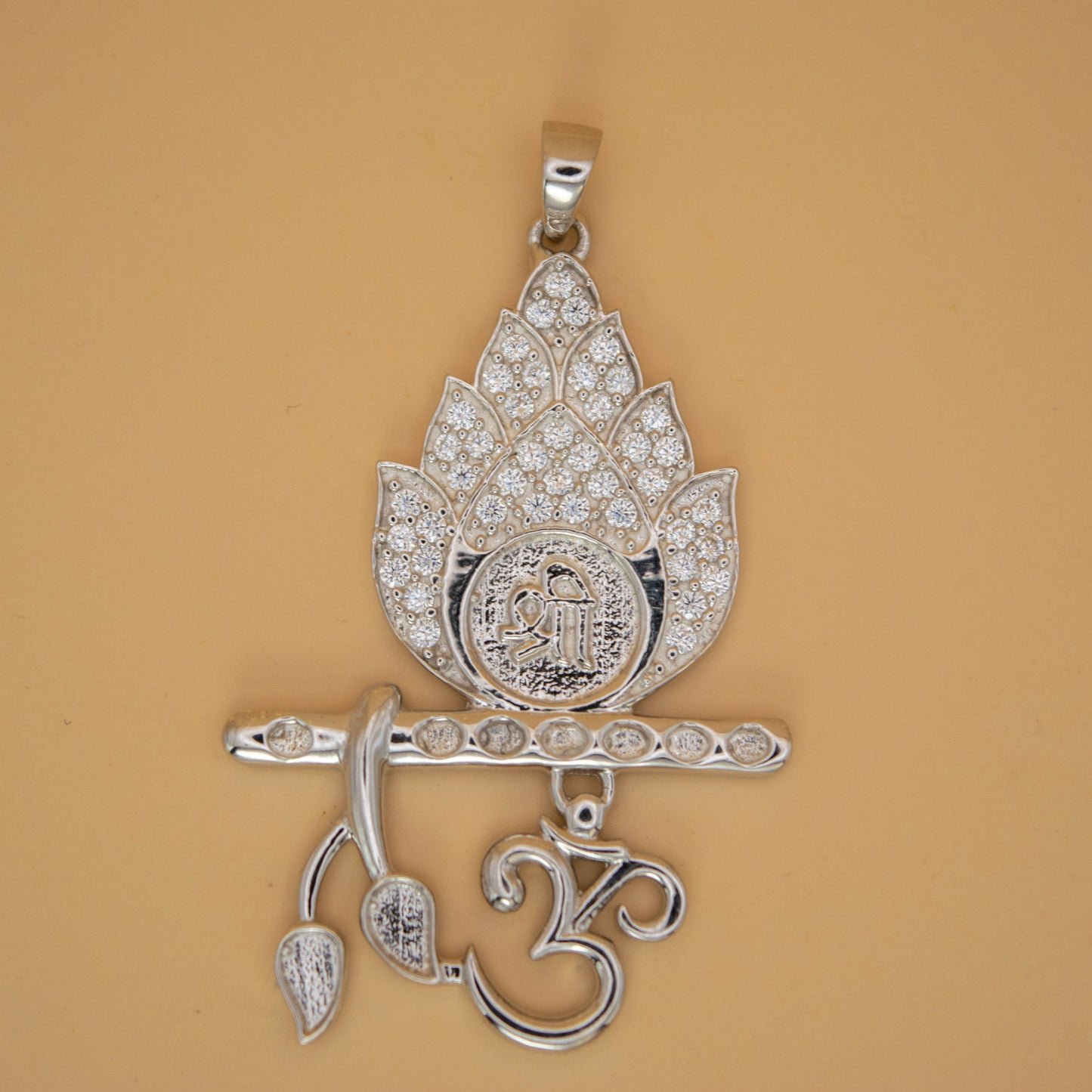 Shree Om Flute Pendant in Silver (White CZ Gemstones, Rhodium plating, Pendant only, without chain)