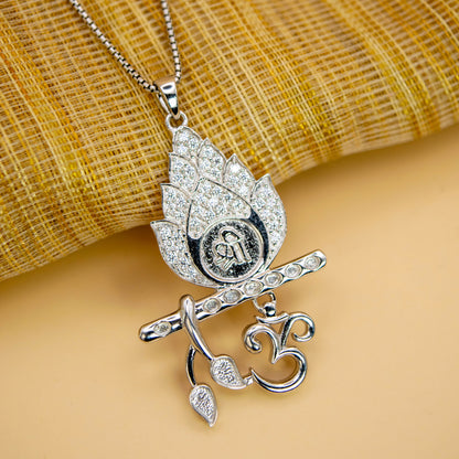 Shree Om Flute Pendant in Silver (White CZ Gemstones, Rhodium plating, Pendant only, without chain)