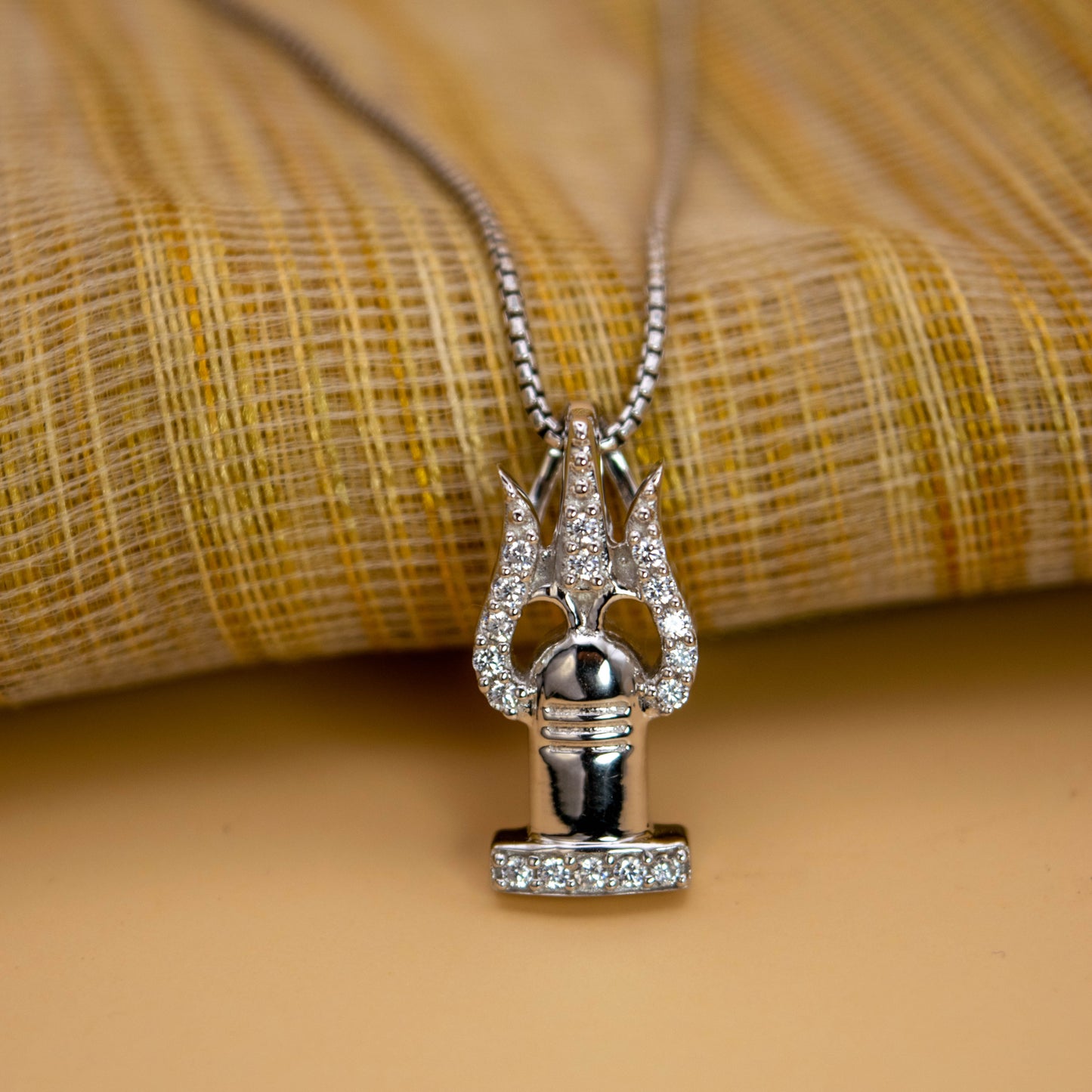 Sterling Silver Trishul Shivling Pendant (White CZ Gemstones, Rhodium plating, Pendant only, without chain)