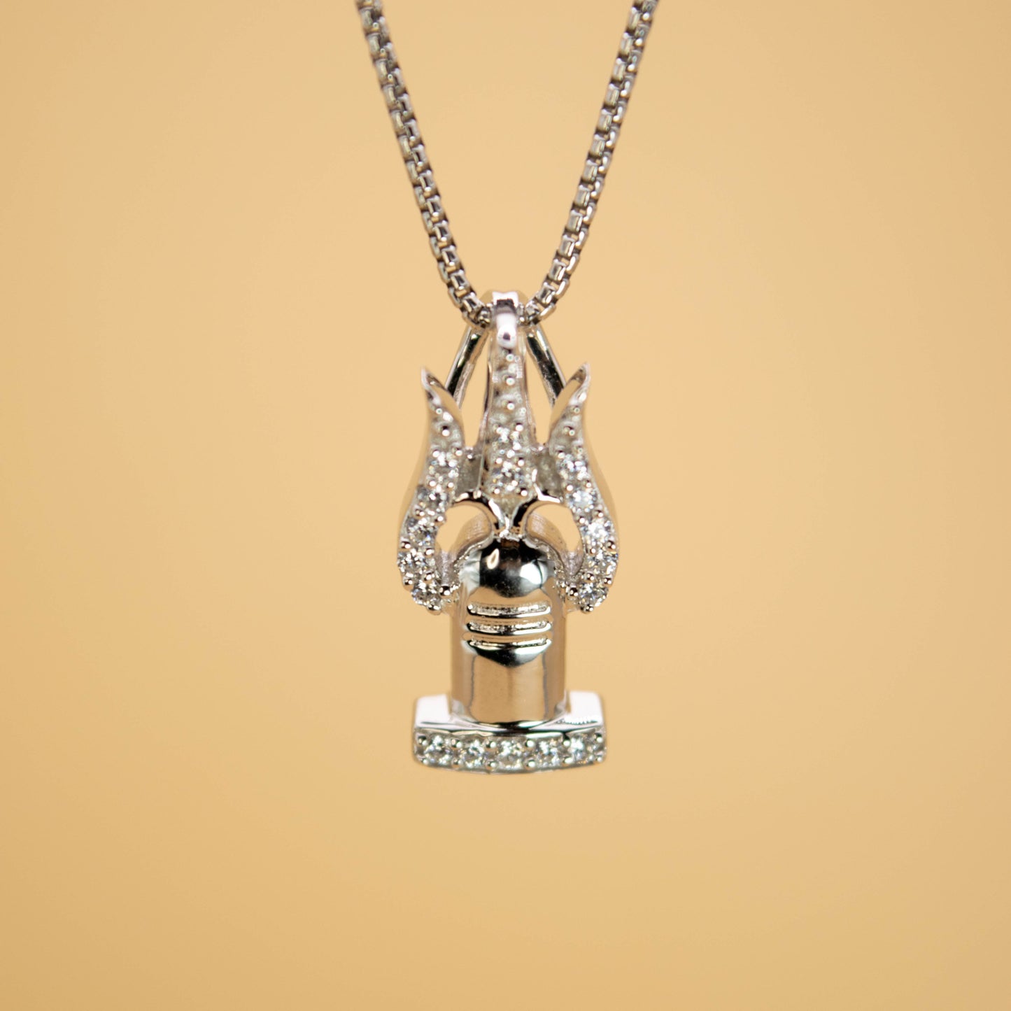 Sterling Silver Trishul Shivling Pendant (White CZ Gemstones, Rhodium plating, Pendant only, without chain)