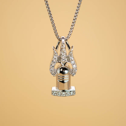 Sterling Silver Trishul Shivling Pendant (White CZ Gemstones, Rhodium plating, Pendant only, without chain)