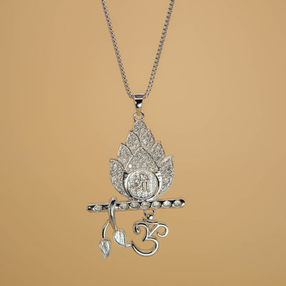 Shree Om Flute Pendant in Silver (White CZ Gemstones, Rhodium plating, Pendant only, without chain)