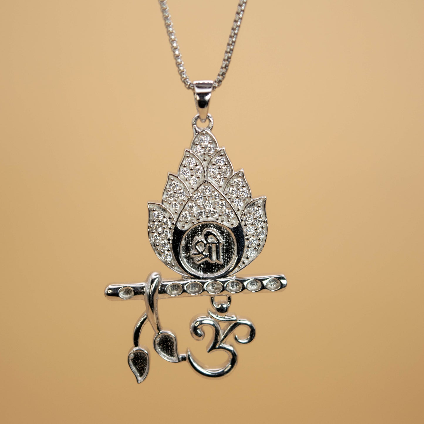 Shree Om Flute Pendant in Silver (White CZ Gemstones, Rhodium plating, Pendant only, without chain)