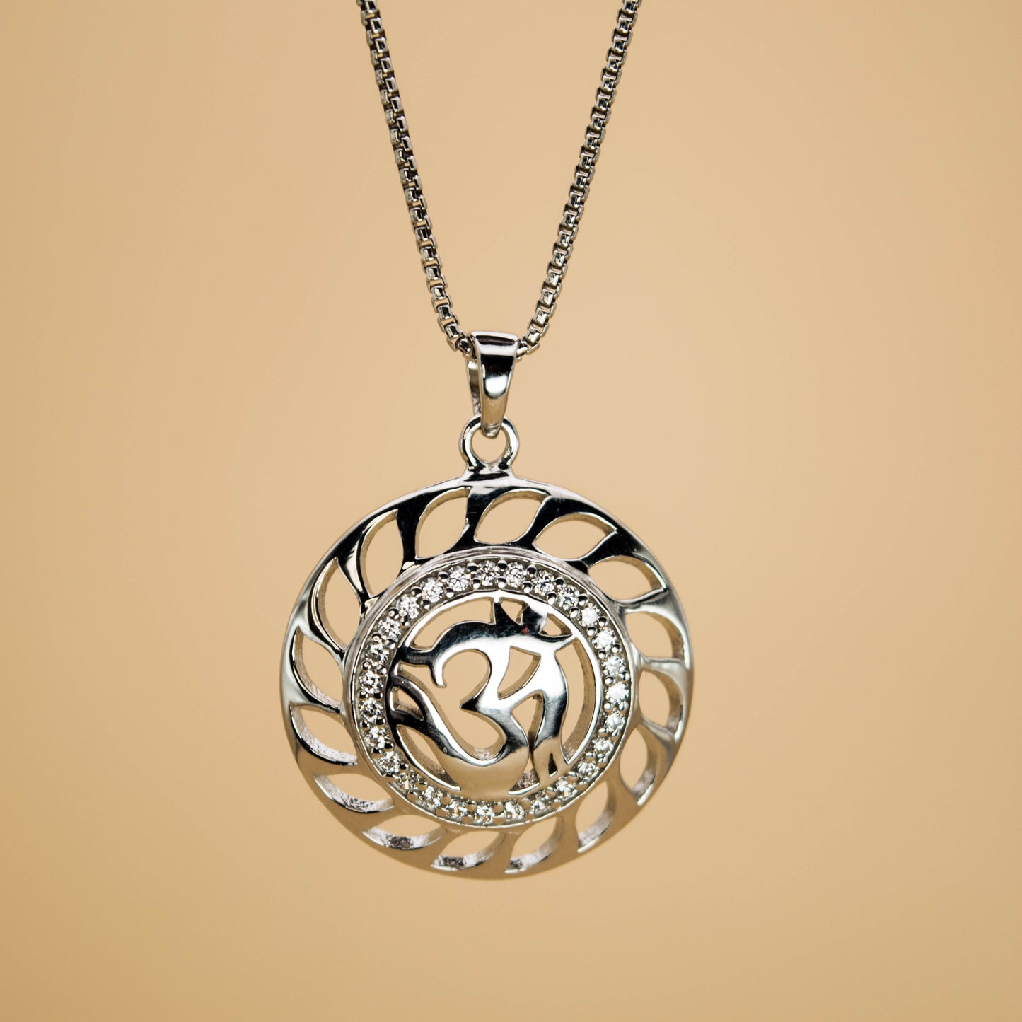 Silver Om Pendant (White CZ Gemstones, Rhodium plating, Pendant only, without chain)