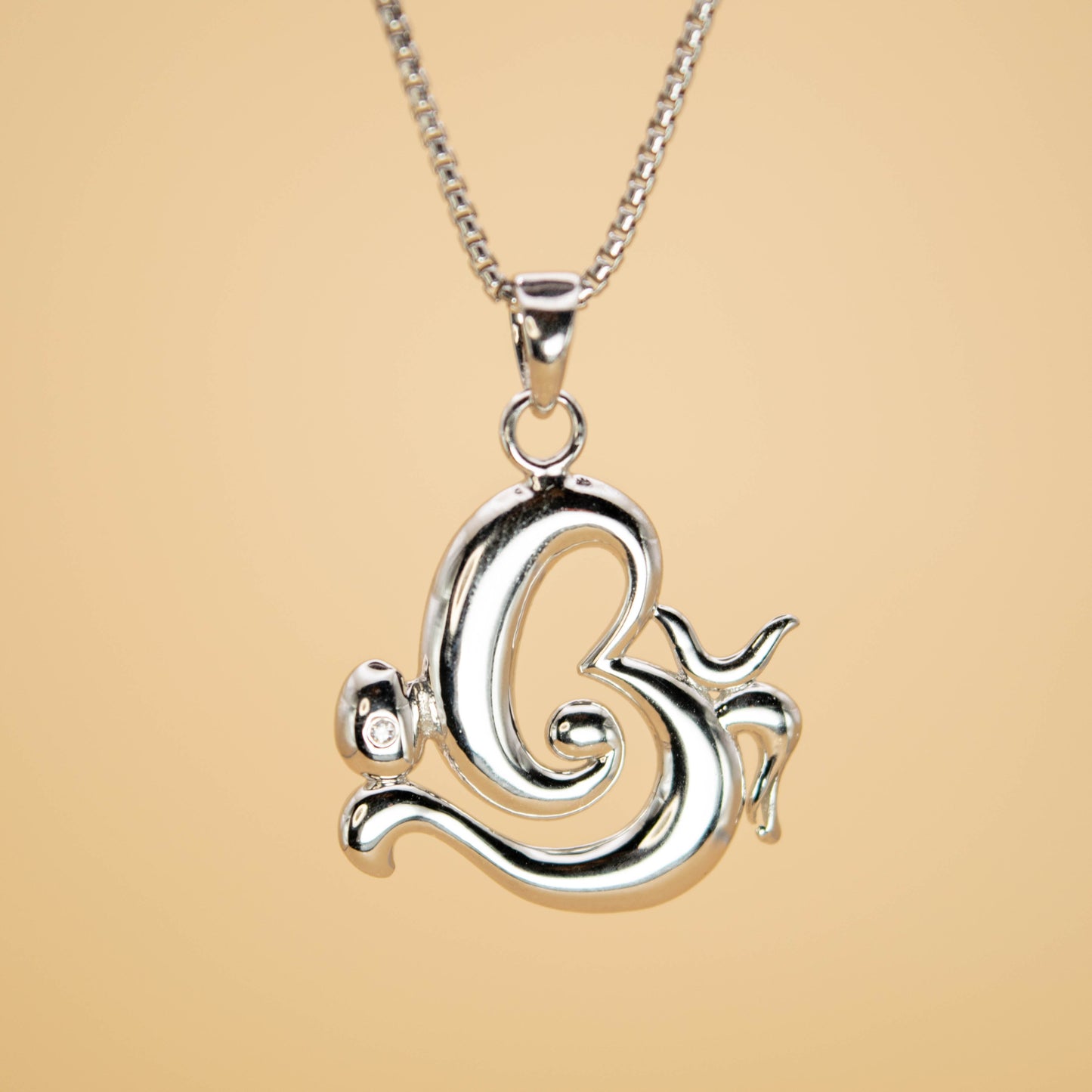 Sterling Silver Om Ganesh Pendant  (White CZ Gemstones, Rhodium plating, Pendant only, without chain)