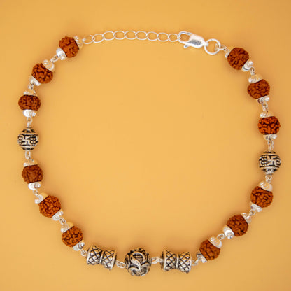 Rudraksh, Silver Om and Swastik Bead Dumru Bracelet