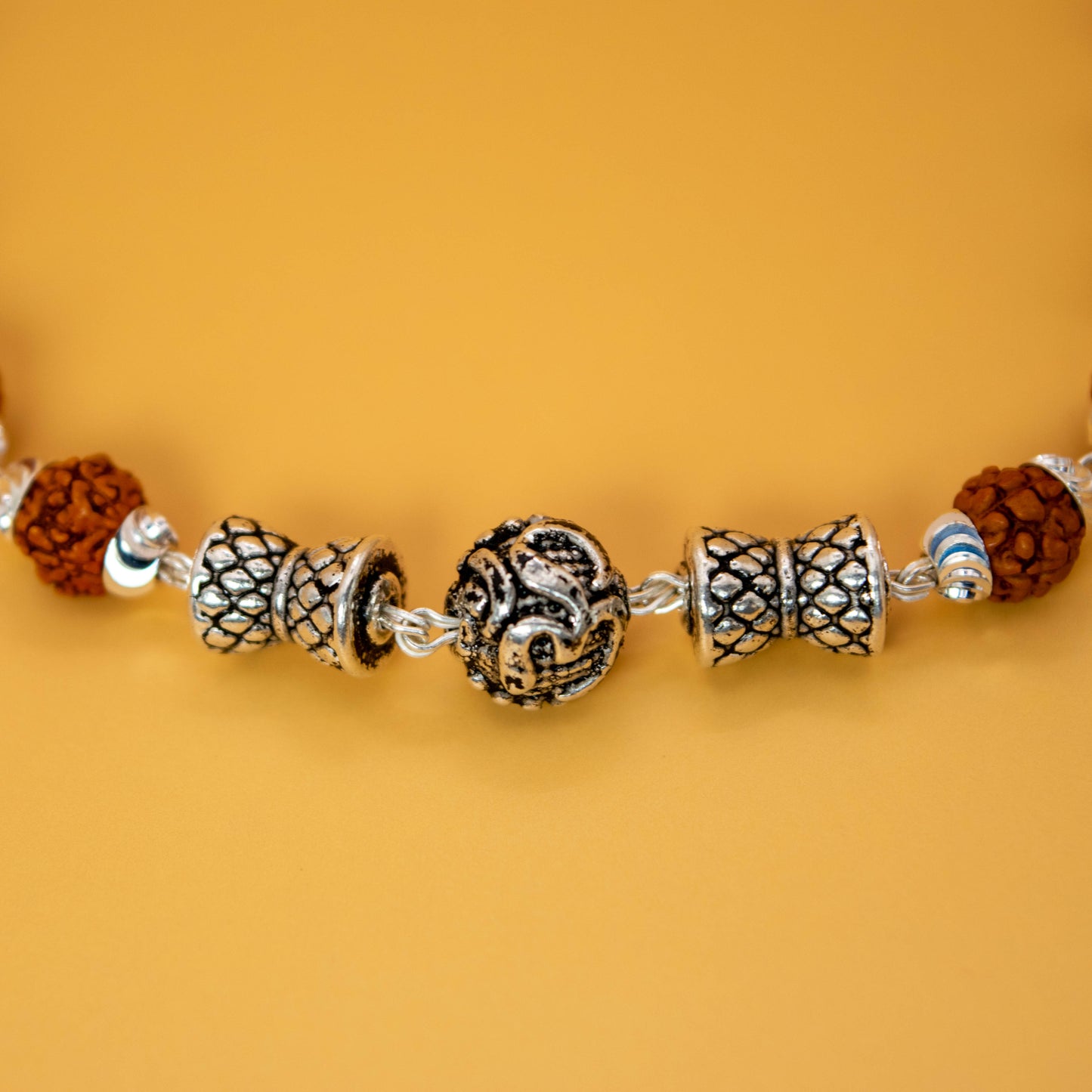 Rudraksh, Silver Om and Swastik Bead Dumru Bracelet