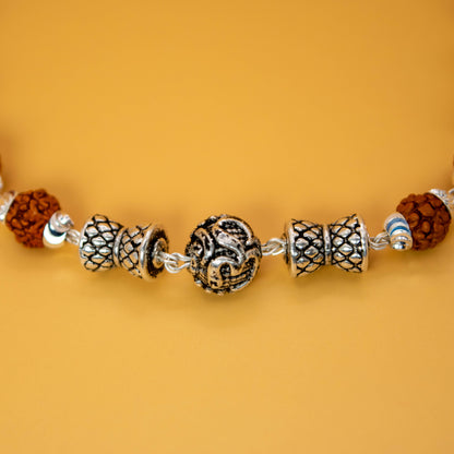 Rudraksh, Silver Om and Swastik Bead Dumru Bracelet