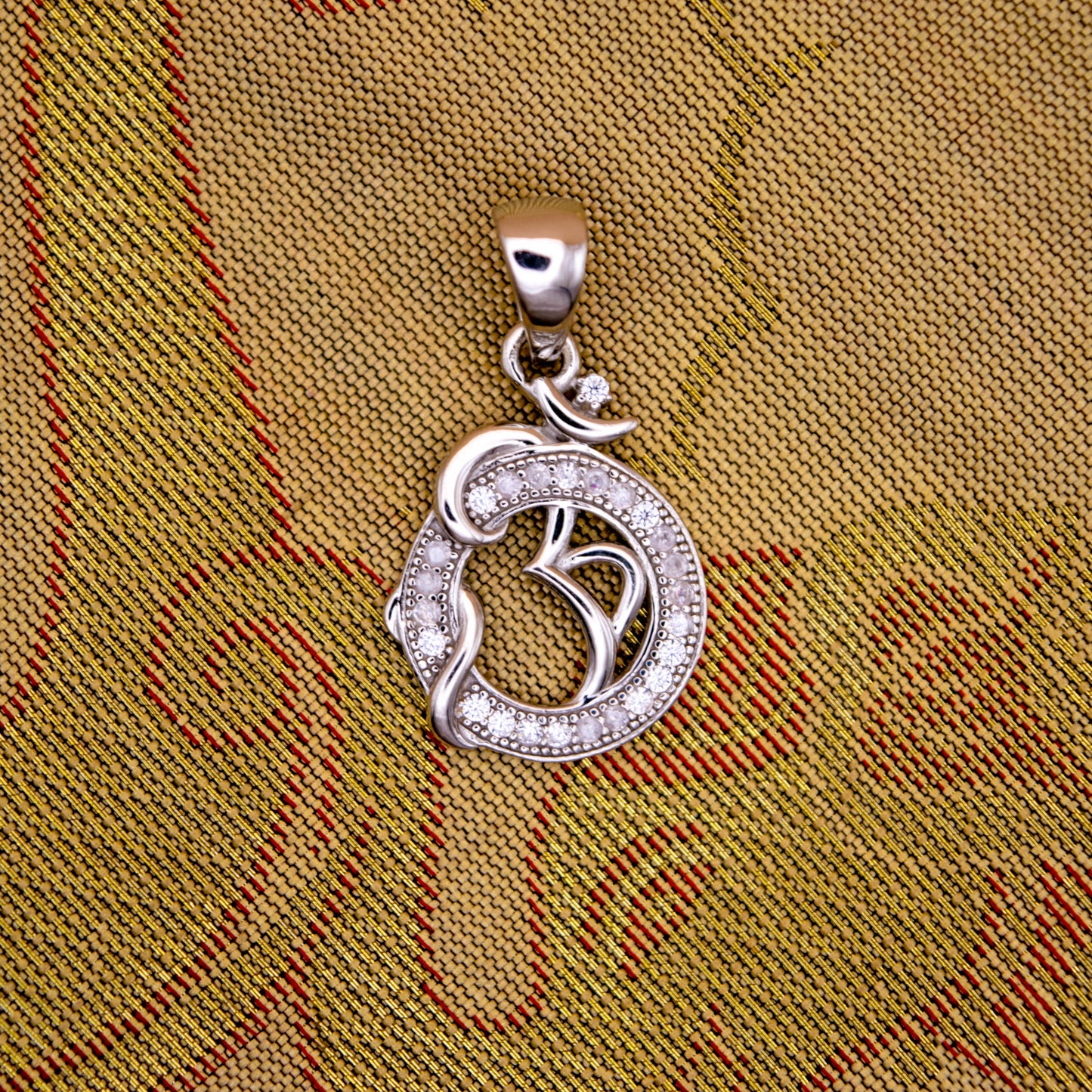 Sterling Silver Om Pendant  (White Cz Gemstones, Rhodium plating, Pendant only, without chain)