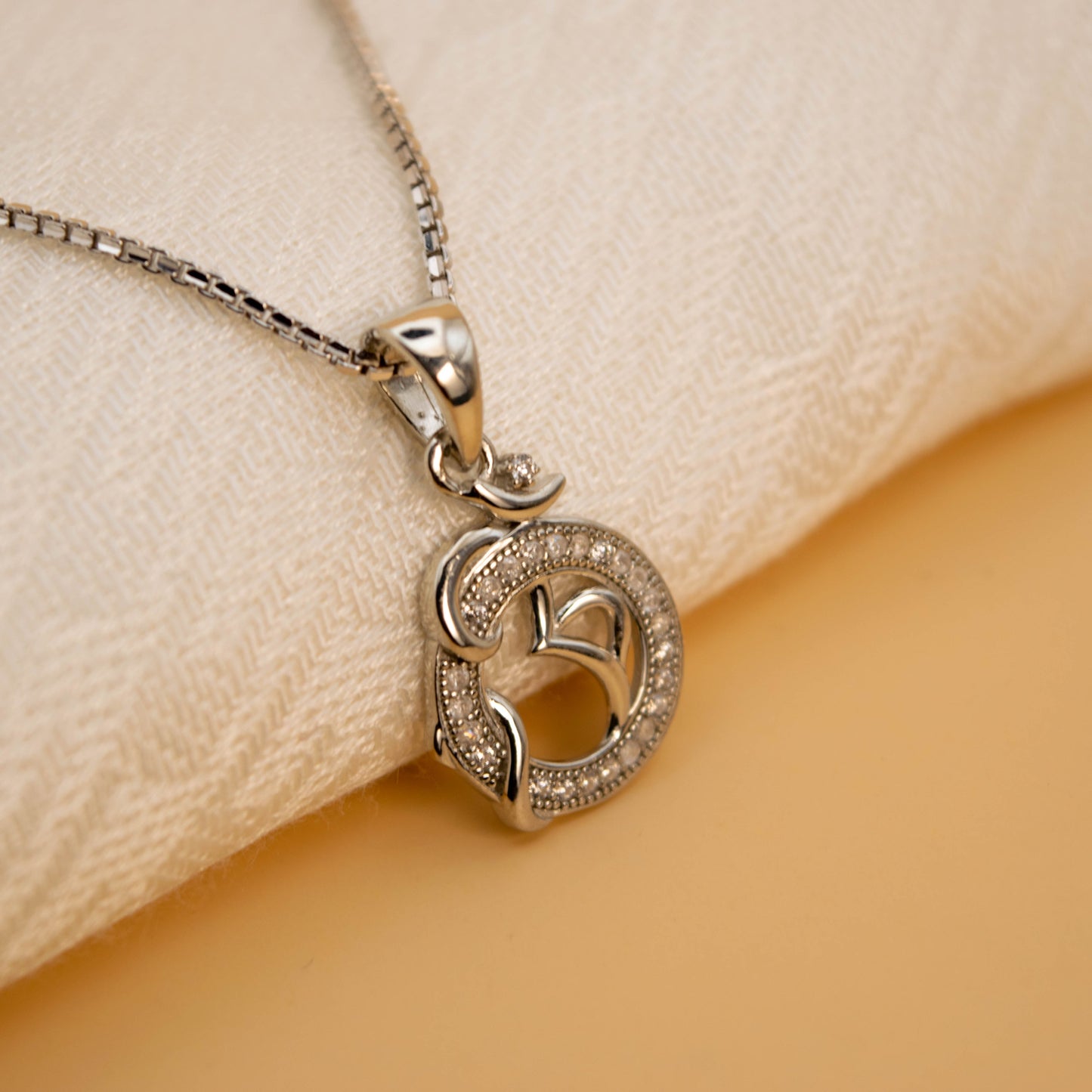 Sterling Silver Om Pendant  (White Cz Gemstones, Rhodium plating, Pendant only, without chain)