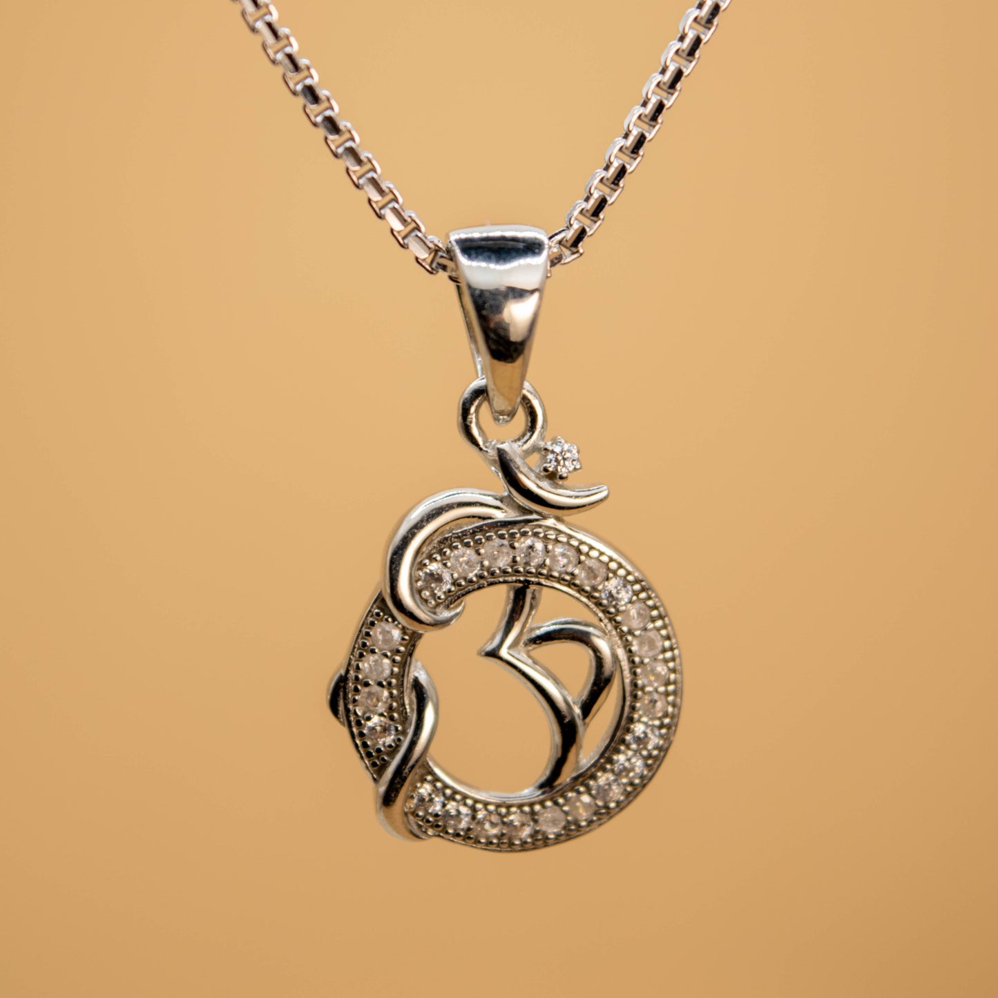 Sterling Silver Om Pendant  (White Cz Gemstones, Rhodium plating, Pendant only, without chain)