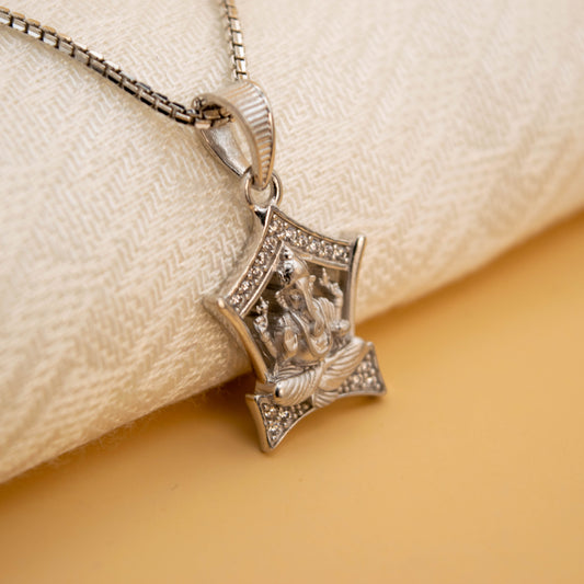 Sterling Silver Ganesh Pendant  (White Cz Gemstones, Rhodium plating / Matte finish, Pendant only, without chain)