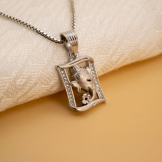 Sterling Silver Ganesh Pendant  (White Cz Gemstones, Rhodium plating / Matte finish, Pendant only, without chain)