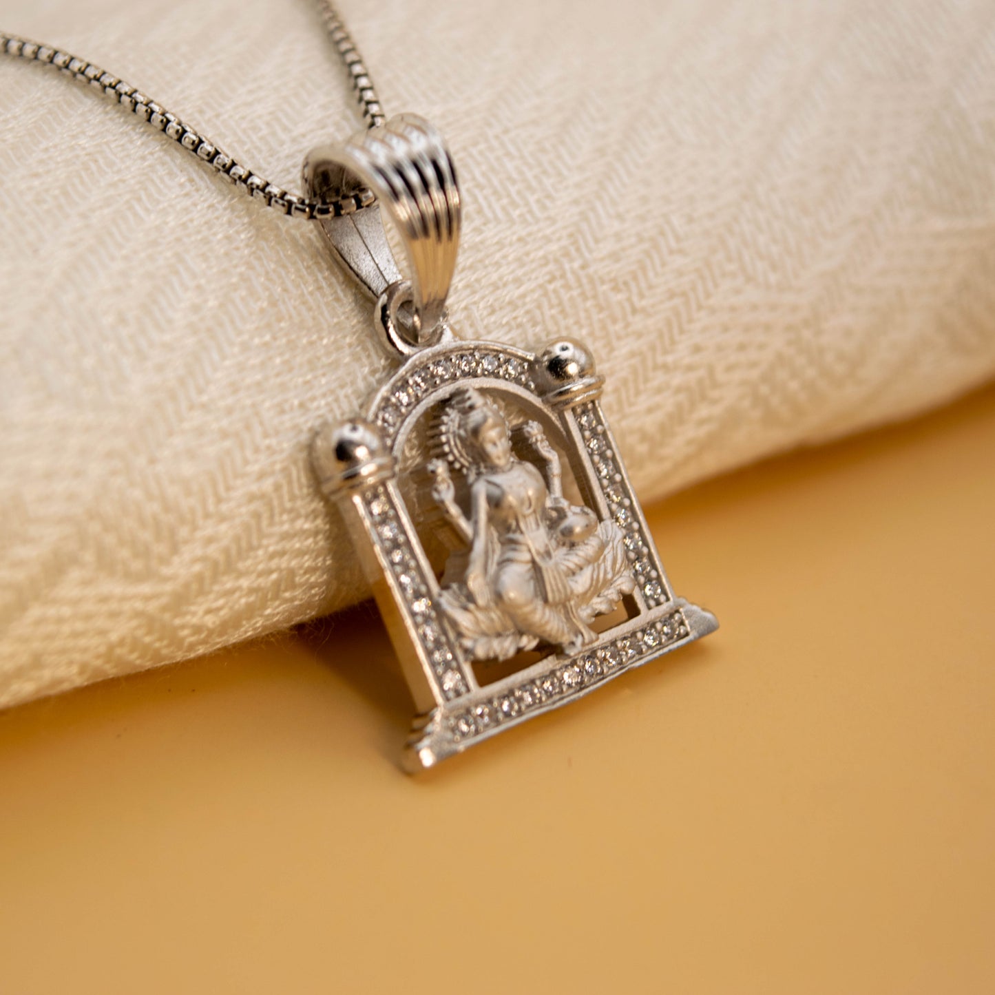 Sterling Silver Lakshmi Pendant  (White Cz Gemstones, Rhodium plating / Matte finish, Pendant only, without chain)