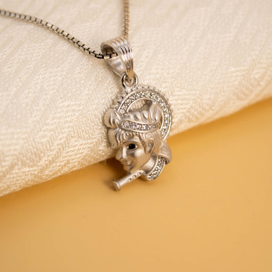 Sterling Silver Shri Krishna Pendant  (White Cz Gemstones, Rhodium plating / Matte finish, Pendant only, without chain)