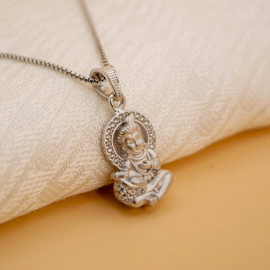 Sterling Silver Bal Krishna Pendant  (White Cz Gemstones, Rhodium plating / Matte finish, Pendant only, without chain)